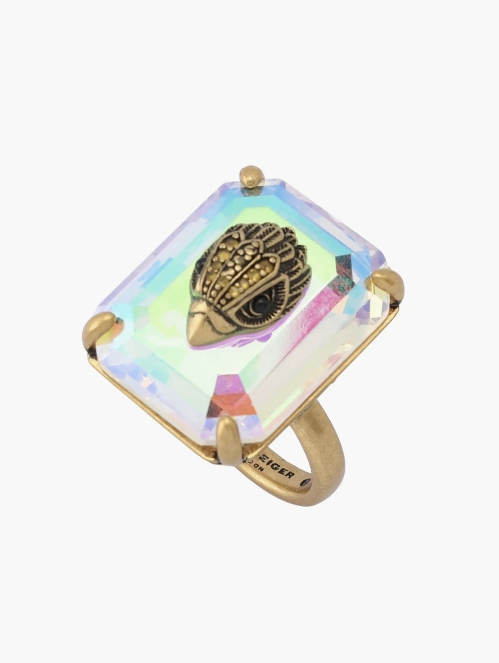 Kurt Geiger Iridescent Crystal Ring with Gold Owl Accent Size 7